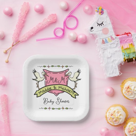 Hand getrokken ooievaar Crest Baby shower Papieren Bordje (Feest)