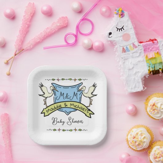 Hand getrokken ooievaar Crest Baby shower Papieren Bordje (Feest)
