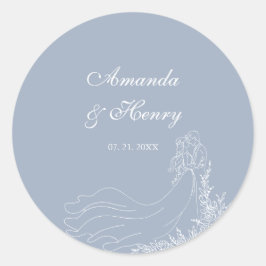 Hand getrokken paar stoffige blauwe bruiloft ronde sticker