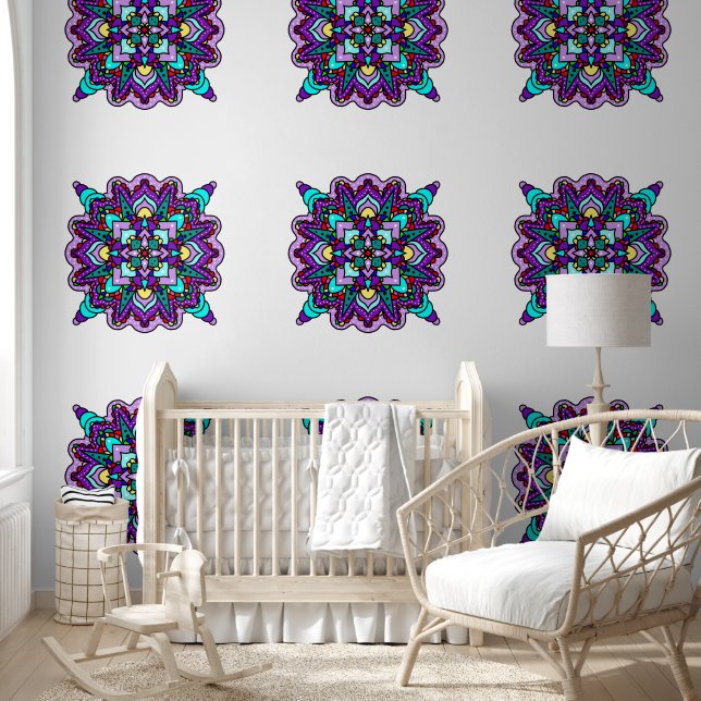Hand getrokken Paarse en Blauwe Mandala Behang (Kinderen)