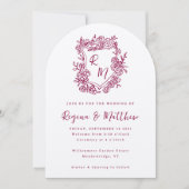 Hand getrokken Paarse Floral Crest Monogram bruilo Kaart (Voorkant)