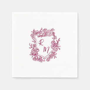 Hand getrokken Paarse Floral Crest Monogram bruilo Servet