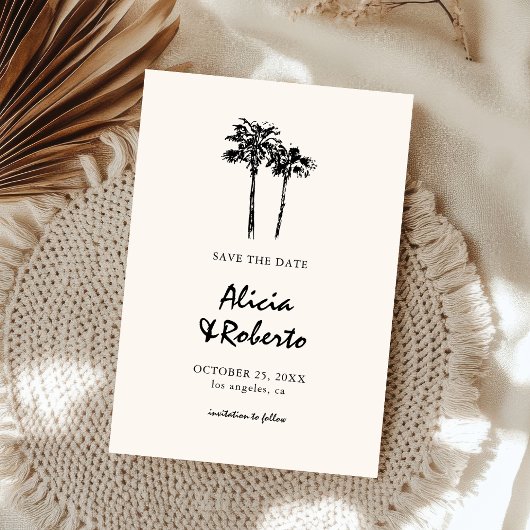 Hand getrokken Palm Tree Tropische Boho Budget Huw Save The Date
