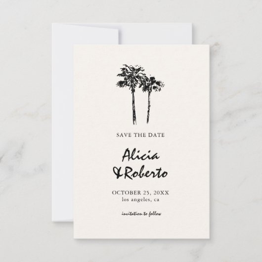 Hand getrokken Palm Tree Tropische Boho Budget Huw Save The Date (Voorkant)