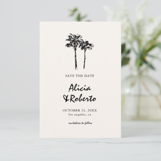 Hand getrokken Palm Tree Tropische Boho Budget Huw Save The Date (Staand voorkant)