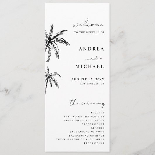 Hand getrokken palmboom Tropische bestemming bruil Programmakaart (Voorkant)