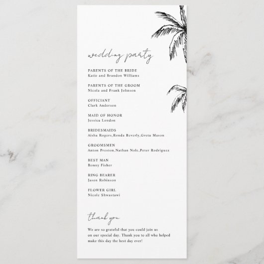 Hand getrokken palmboom Tropische bestemming bruil Programmakaart (Achterkant)