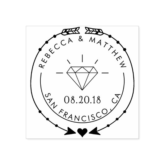 Hand-getrokken pijlen Hart & Diamant Bruiloft Rubberstempel (Afrduk)