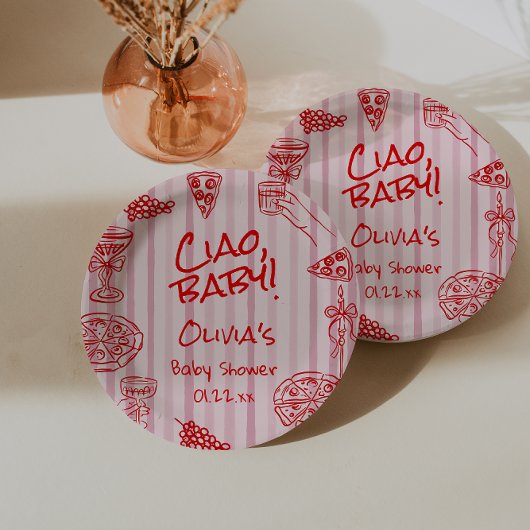 Hand getrokken Pizza Roze Rode Ciao Baby shower Papieren Bordje