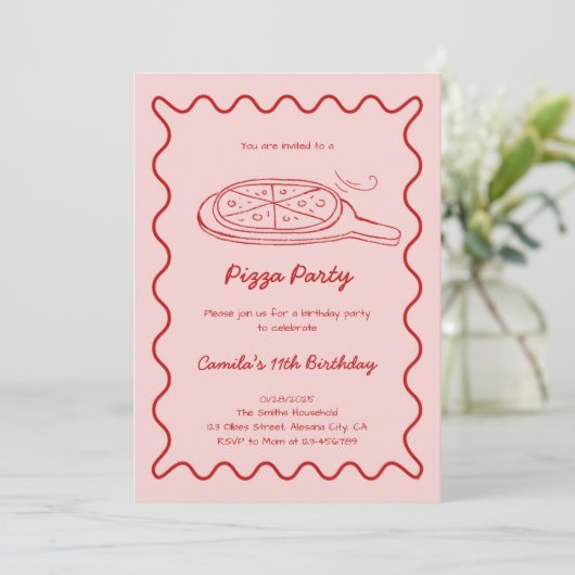 Hand getrokken pizza verjaardag uitnodiging grilli (Staand voorkant)