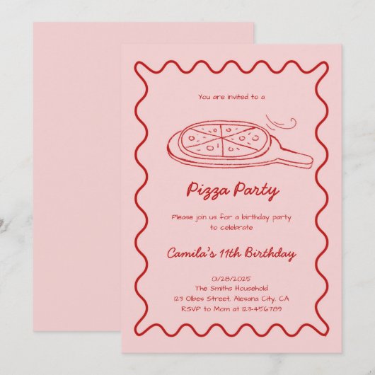 Hand getrokken pizza verjaardag uitnodiging grilli (Voorkant / Achterkant)