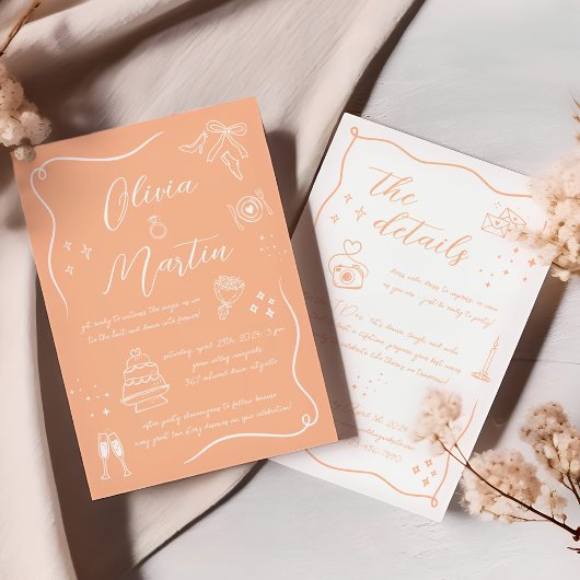 Hand getrokken plezier Doodle Peach bruiloft Kaart