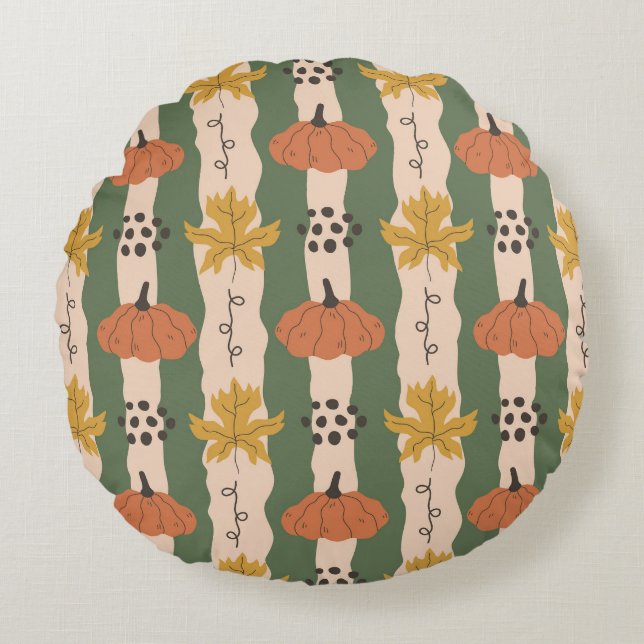 Hand getrokken pompoen & blad patroon rond kussen (Voorkant)