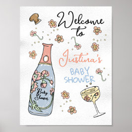 Hand getrokken Presecco en bloemblaadjes Baby show Poster