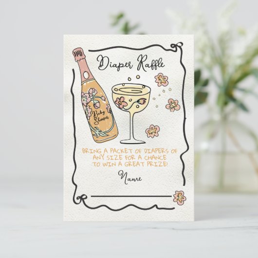 Hand getrokken Presecco & Petals luier Raffle Douc Kaart (Staand voorkant)