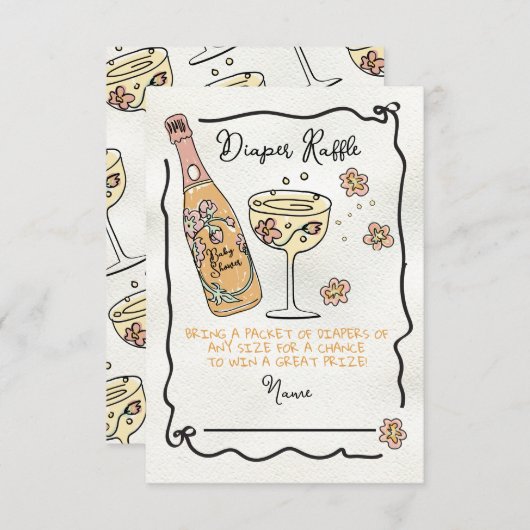 Hand getrokken Presecco & Petals luier Raffle Douc Kaart (Voorkant / Achterkant)