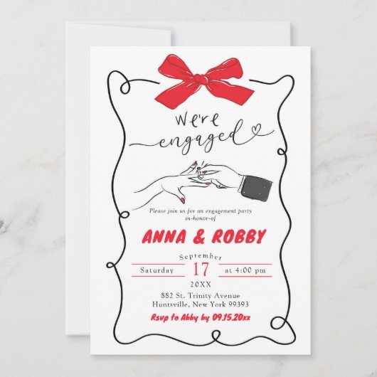 Hand getrokken Red Bow Engagement Party Kaart (Voorkant)
