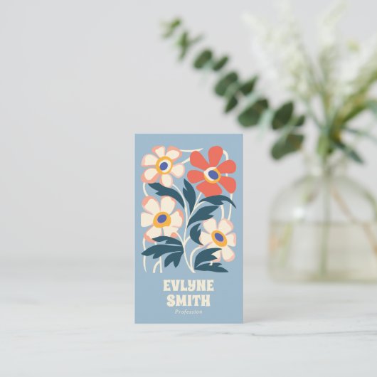 Hand getrokken Retro Blauw QR Code Boho Bloemen Tr Visitekaartje (Staand voorkant)