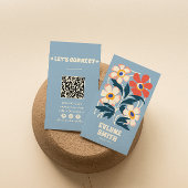 Hand getrokken Retro Blauw QR Code Boho Bloemen Tr Visitekaartje