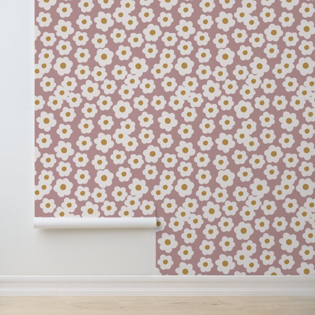 Hand getrokken retro dasies roze bloemen behang (Applicatie)