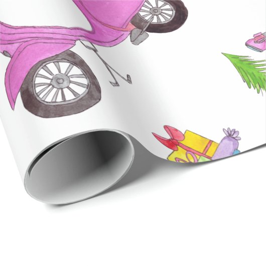Hand getrokken retro kerstscooter Inpakpapier (Rol Hoek)