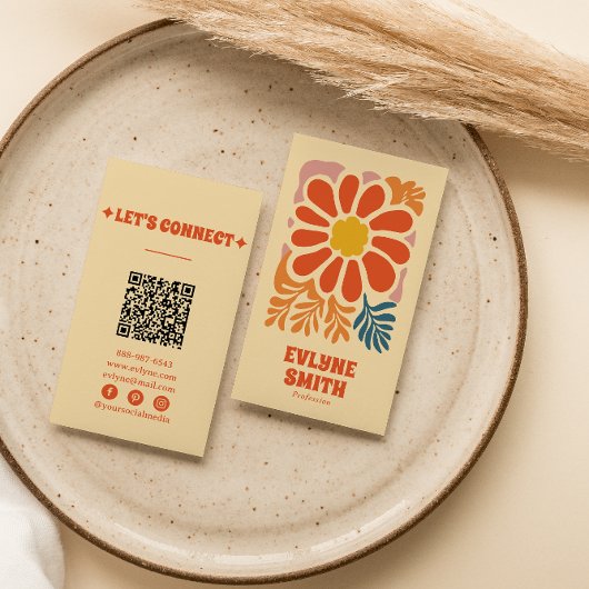 Hand getrokken Retro Kleurrijke QR Code Boho 70s B Visitekaartje