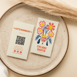 Hand getrokken Retro Kleurrijke QR Code Floral Uni Visitekaartje