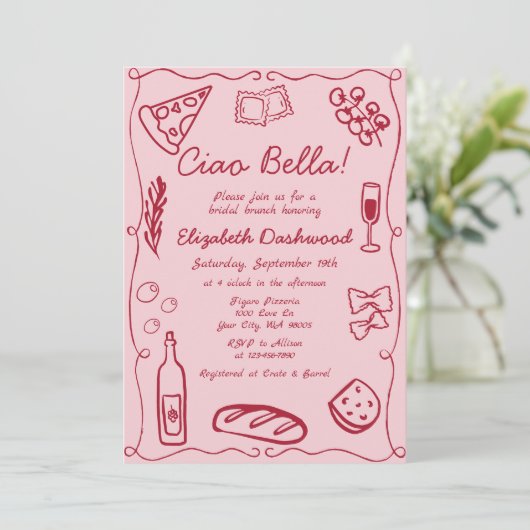 Hand getrokken Retro Rood Italiaans Casual Bruids  Kaart (Staand voorkant)