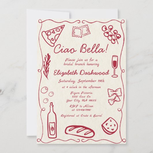 Hand getrokken Retro Rood Italiaans Casual Bruids  Kaart (Voorkant)