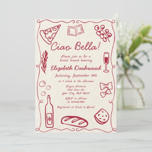 Hand getrokken Retro Rood Italiaans Casual Bruids  Kaart (Staand voorkant)