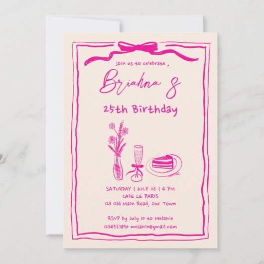 Hand getrokken retro roze lint volwassenen verjaar kaart (Voorkant)