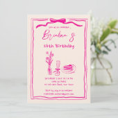 Hand getrokken retro roze lint volwassenen verjaar kaart (Staand voorkant)