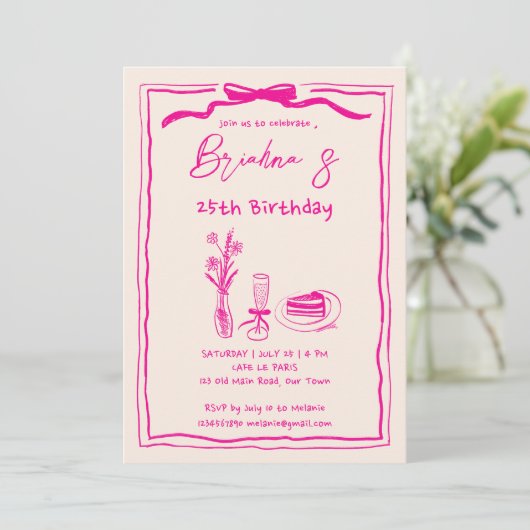 Hand getrokken retro roze lint volwassenen verjaar kaart (Staand voorkant)