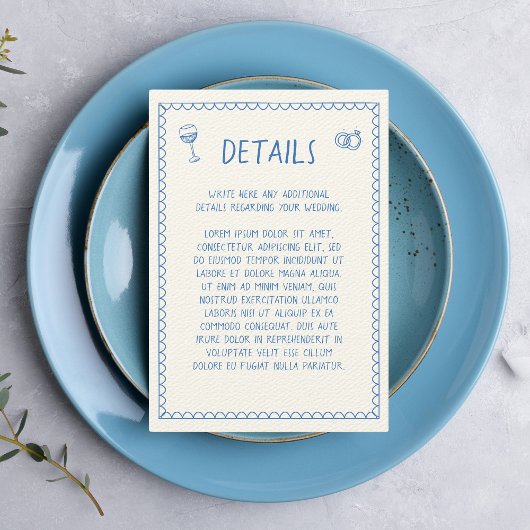 Hand getrokken retro schets blauwe bruiloft detail informatiekaartje