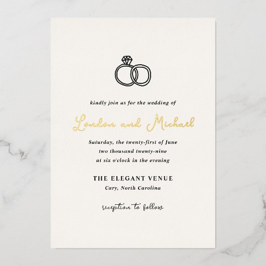 Hand getrokken ringen Doodle moderne bruiloft Folie Uitnodiging (Voorkant)