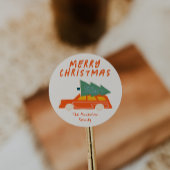  Hand Getrokken Rode Autoboom Kerstretro Ronde Sticker