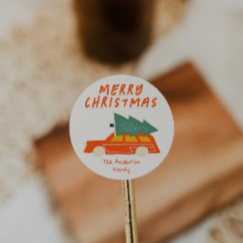  Hand Getrokken Rode Autoboom Kerstretro Ronde Sticker