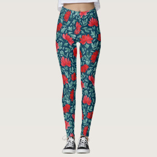 Hand getrokken rode bloemen op blauwe achtergrond leggings