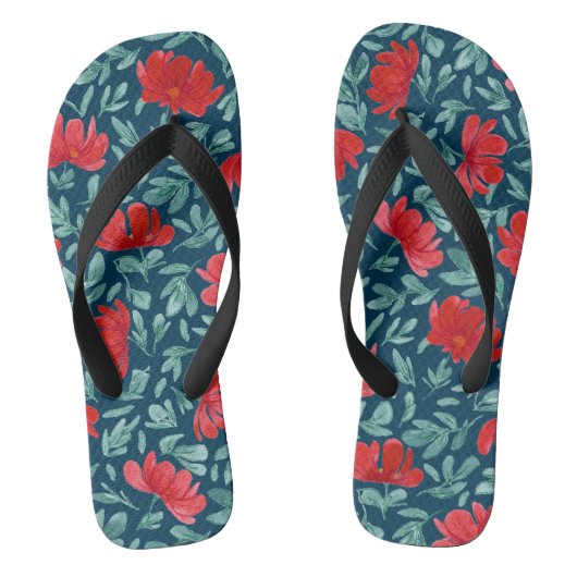 Hand getrokken rode bloemen op blauwe achtergrond teenslippers (Voetbed)
