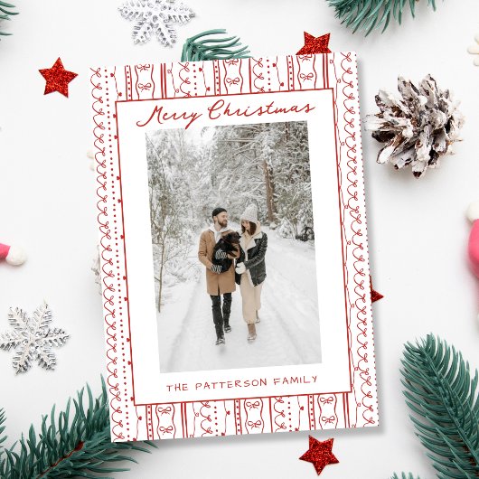 Hand getrokken Rode Bogen Doodle Patroon Foto Kers Feestdagenkaart