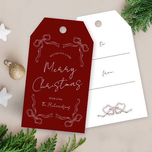 Hand getrokken rode boog grillig uniek kerstcadeau cadeaulabel