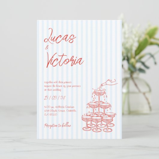 Hand getrokken rode gestreepte grillige bruiloft kaart (Staand voorkant)