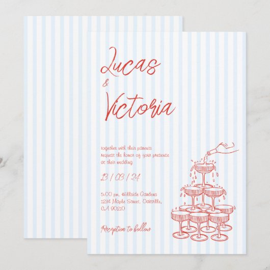 Hand getrokken rode gestreepte grillige bruiloft kaart (Voorkant / Achterkant)