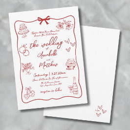 Hand getrokken rode grillige bruiloft kaart