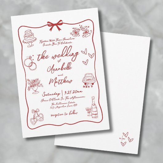 Hand getrokken rode grillige bruiloft kaart