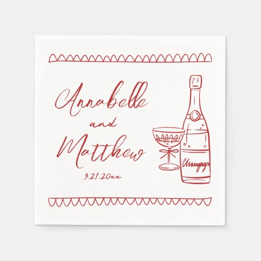 Hand getrokken rode grillige bruiloft servet (Voorkant)