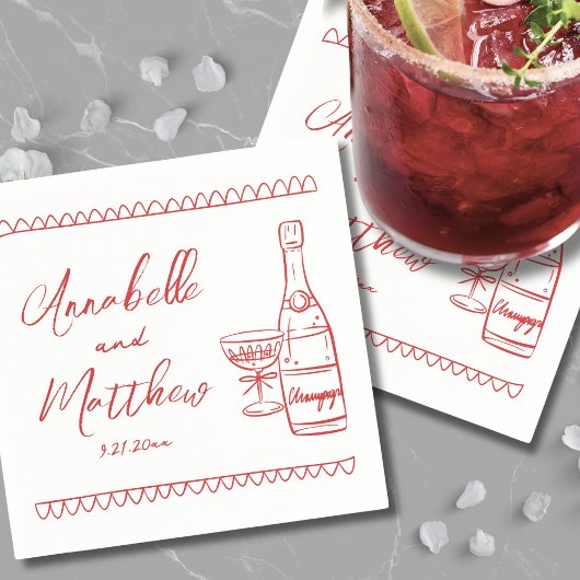 Hand getrokken rode grillige bruiloft servet