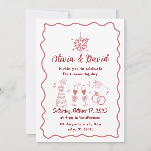 Hand getrokken rode kronkelende lijnen bruiloft kaart (Voorkant)