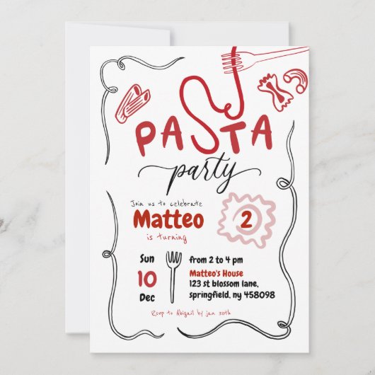 Hand getrokken rode pasta partij verjaardag kaart (Voorkant)