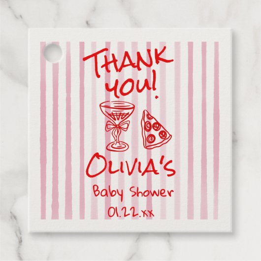 Hand getrokken rode pizza speciale levering douche bedankjes labels (Voorkant)